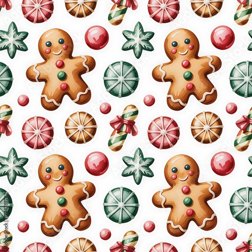 Festive christmas seamless pattern featuring gingerbread men candy canes stars and ornaments on white background