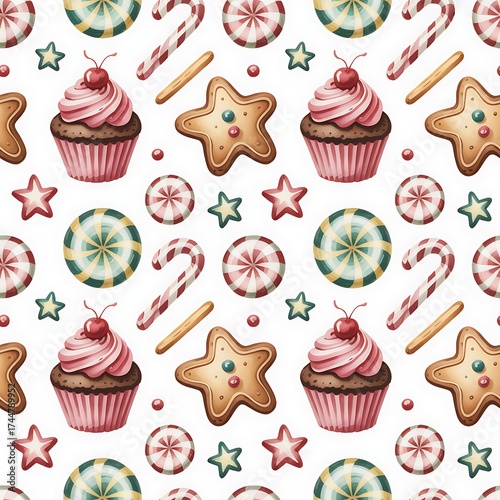 Whimsical watercolor seamless pattern of festive christmas treats including cupcakes gingerbread cookies candy canes and snowflakes