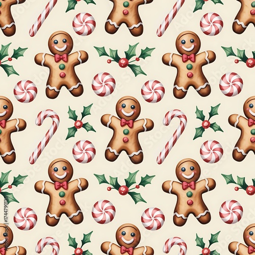 Whimsical watercolor seamless pattern featuring cheerful gingerbread men candy canes and holly berries for christmas holidays