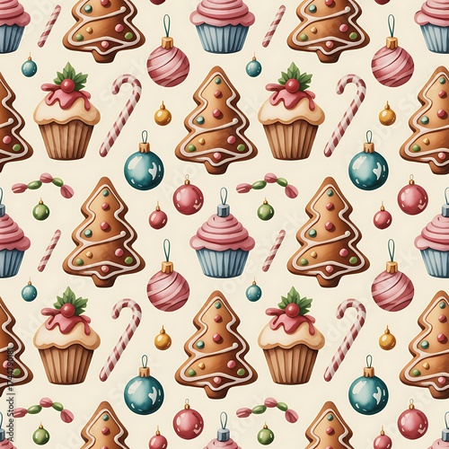 Festive seamless pattern with watercolor christmas tree cookies cupcakes candy canes and ornaments