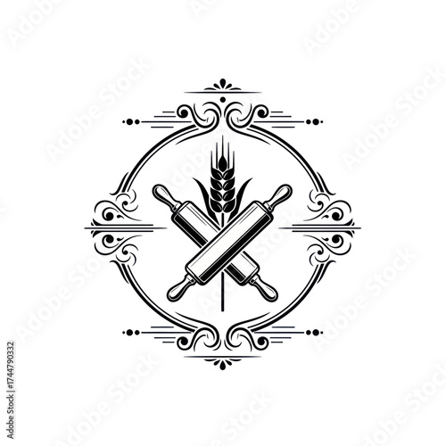 Vintage bakery emblem with crossed rolling pins and wheat.