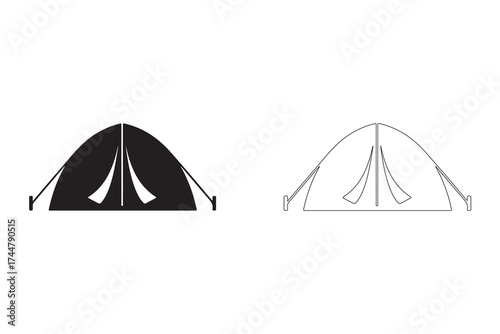 Camping Tent Icons in Black and White Outlines Representing Outdoor Adventure and Recreational Activities