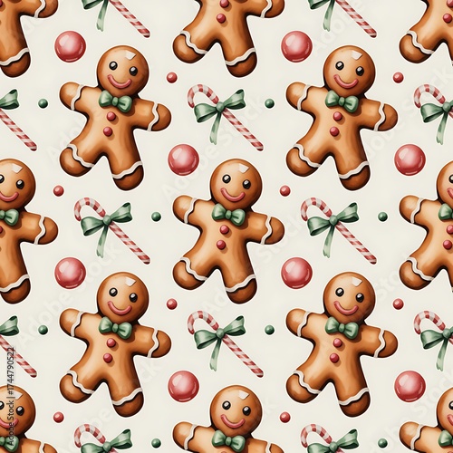 Whimsical watercolor pattern of adorable gingerbread men with candy canes and pink ornaments