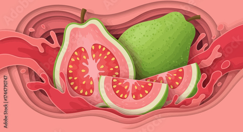 Illustration of whole and sliced guavas with pink flesh and seeds, surrounded by a layered paper-cut style background with juice splashes.