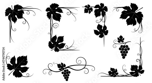 Collection of black silhouette grape leaves and grape bunches in various corner and border arrangements on a white background.
