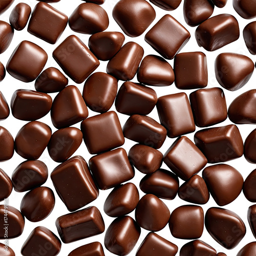 Shiny brown candy pieces scattered, filling the entire frame