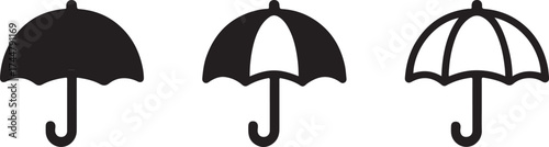 Set of Three Umbrella Icons in Differing Styles Protection from Rain or Sun Minimalist Graphic Design Elements