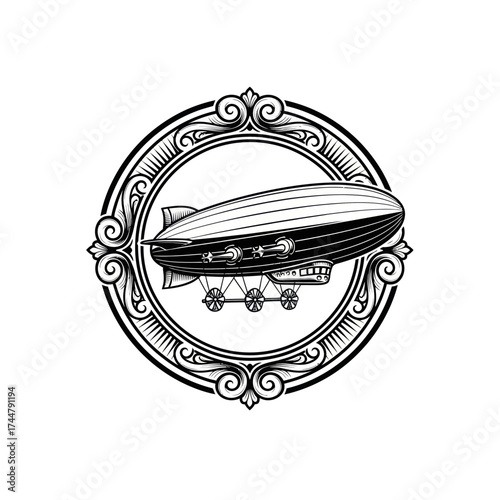 Vintage Zeppelin Airship in Ornate Circular Frame.