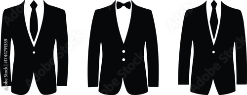 Set of three black formal suit silhouettes featuring necktie and bow tie styles for business, tuxedo, and formal occasions