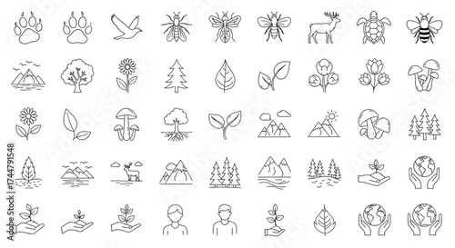Wallpaper Mural A collection of outline icons representing nature, wildlife, and environmental conservation, including animals, plants, landscapes, and human interaction with the Earth. Torontodigital.ca