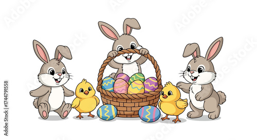 Charming group of cartoon Easter bunnies and little yellow chicks gathered around a wicker basket of decorated eggs. Isolated vector graphic design element