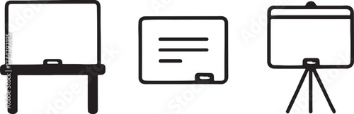 Whiteboard and Presentation Board Icons in Black and White Style for Education and Business Presentations
