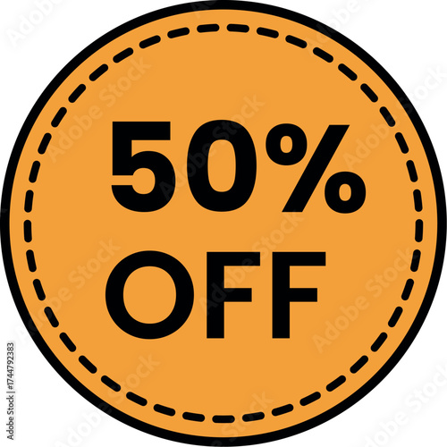 A bright orange circular badge boldly proclaims a 50 discount, serving as a compelling visual for sales, promotions, and special offers in marketing and retail