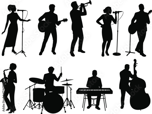 Silhouettes of eight musicians performing with various instruments including guitar, trumpet, saxophone, drums, keyboard, and double bass