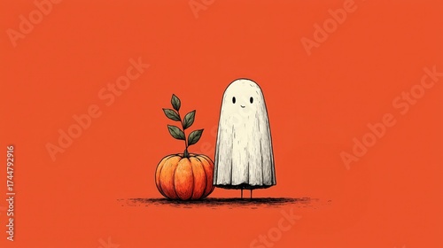 Cute ghost with smiling face standing next to orange pumpkin with green leaves against vibrant solid orange background, whimsical Halloween illustration suitable for wallpaper, poster, decor