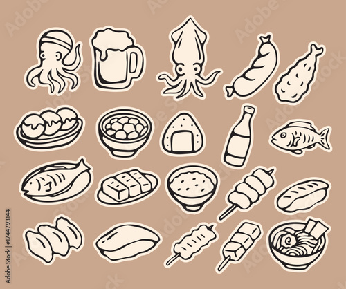 set of japanese food doodle