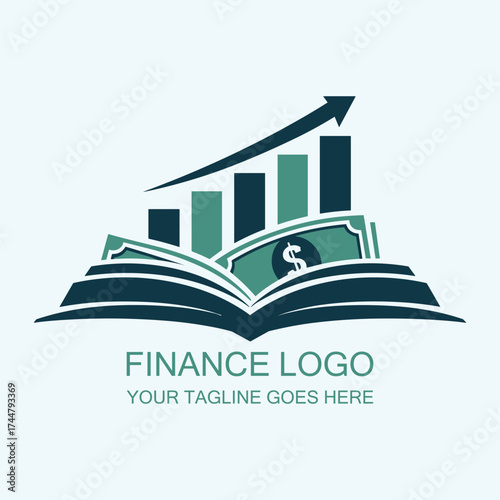 Finance Logo Design with Book, Money, and Growth Chart Arrow Symbol