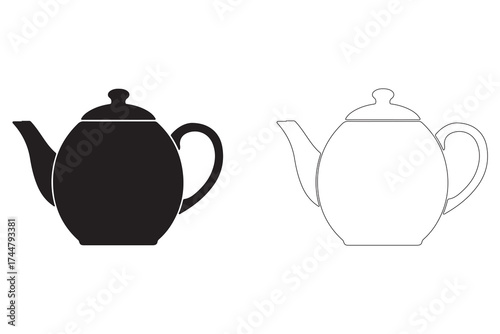 Elegant Teapot Duo A Contrast in Solid Black and Outline Design Ideal for Tea Time Concepts