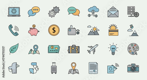 Collection of colorful, flat vector icons representing various concepts like technology, finance, travel, communication, and creativity on a light background.