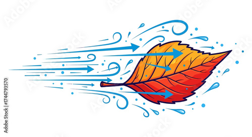 An autumn leaf blown by wind, depicted with stylized blue arrows and swirls, suggesting movement and speed.