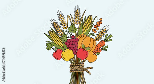 A colorful illustration of a harvest bounty, featuring wheat, corn, grapes, apples, and a pumpkin tied together.