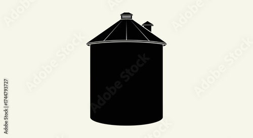 Illustration of a black silo with a conical roof, set against a plain background.