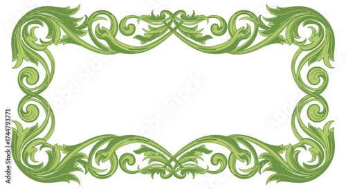 A decorative rectangular frame with intricate green floral scrollwork, isolated on white.