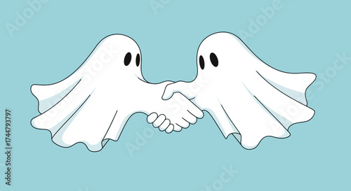 Two cartoon ghosts in white sheets shake hands against a light blue background.