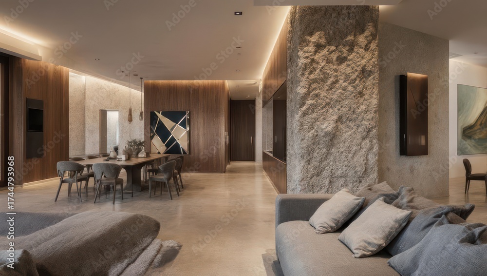 Fototapeta premium Luxurious modern interior with natural stone, wood paneling, art, and comfortable seating