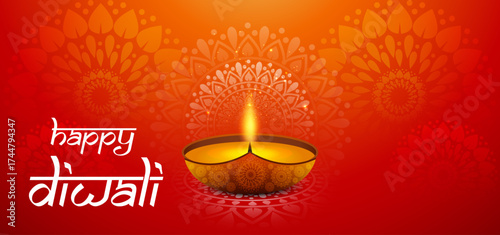 Happy Diwali Festival Greeting Background with Glowing Diya Lamp, Bright Orange Red Decorative Lights, Festive Indian Celebration Theme, and Warm Spiritual Holiday Design