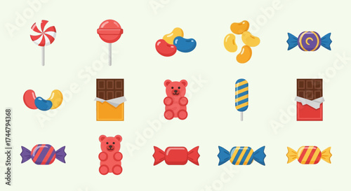 A collection of various colorful candies and sweets, arranged in a grid.