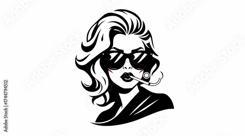 A stylized black and white illustration of a woman smoking a cigarette, wearing sunglasses.