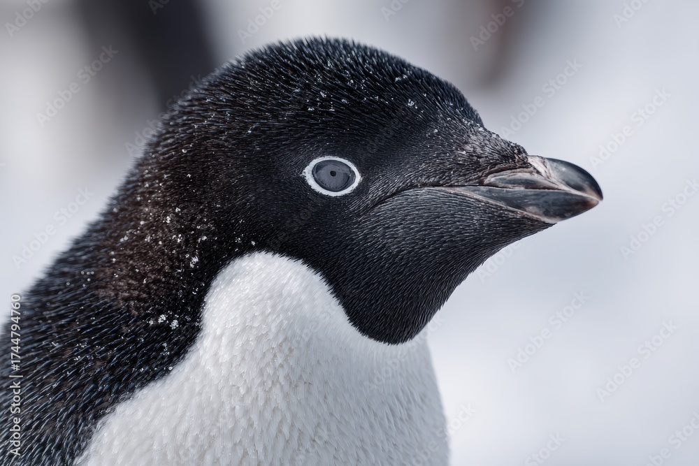 Naklejka premium Close up portrait of Adelie penguin at Brown B showcasing its distinctive features in a snowy environment during daylight