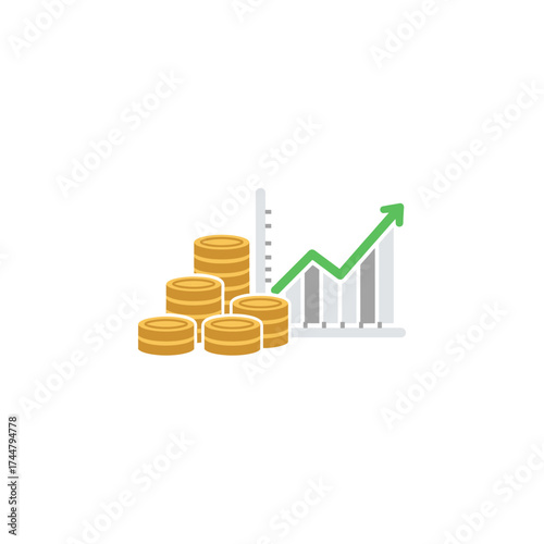 Stacks of gold coins next to a bar chart with an upward-pointing green arrow, symbolizing financial growth and investment.