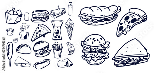 Sketch fast food set on white background