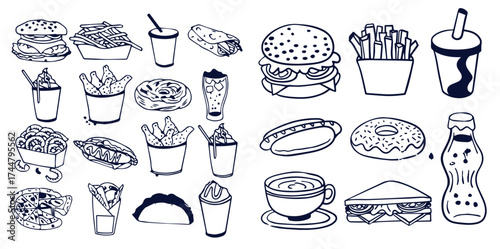 Sketch fast food set on white background