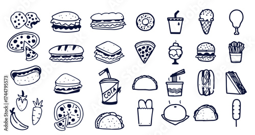 Sketch fast food set on white background