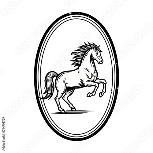 Elegant Horse Emblem - A Majestic Stallion Rearing in Oval Frame.