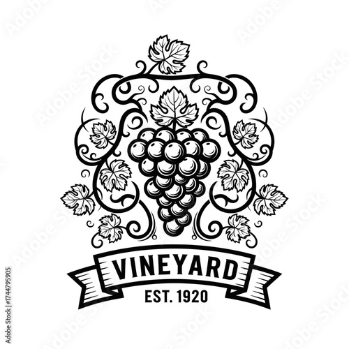 Elegant vineyard logo featuring grapes and leaves with established date.