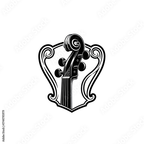 Elegant Violin Scroll Emblem with Ornate Decorative Border.