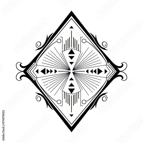 Geometric Diamond Ornament with Intricate Line Work and Swirl Accents.