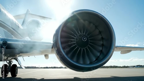 Close up of a jet engine on a private airplane on the runway.