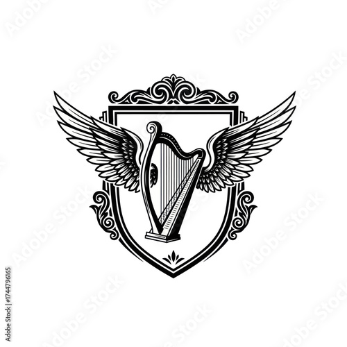 Harp with Wings Emblem - A Symbol of Music and Freedom.