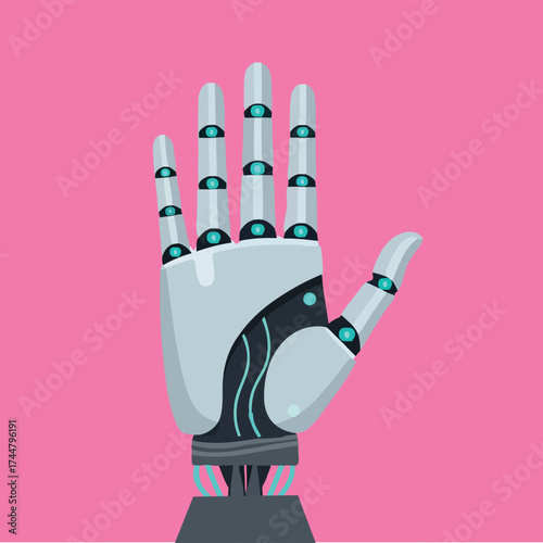 Modern illustration of a robotic hand, conceptualizing artificial intelligence and human-machine interface. Represents future technology, bionics, and innovation in automation