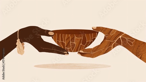 Hands passing kintsugi bowl illustration for mental health, support or community charity campaign