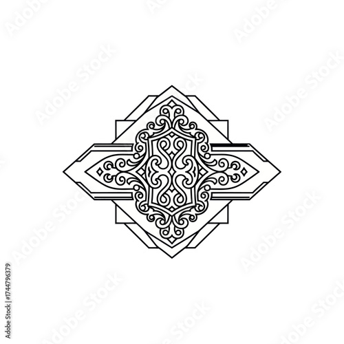 Intricate symmetrical ornamental design with swirling patterns and geometric outlines.