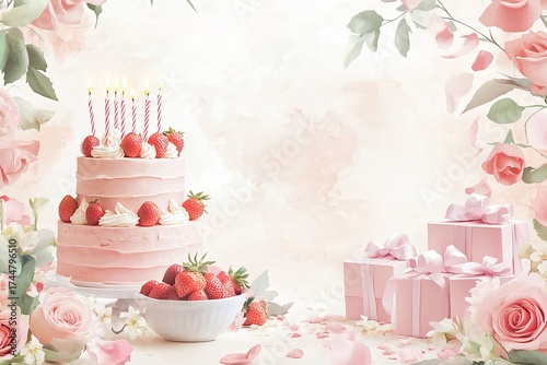 Elegant Floral Watercolor Illustration with Cake and Presents