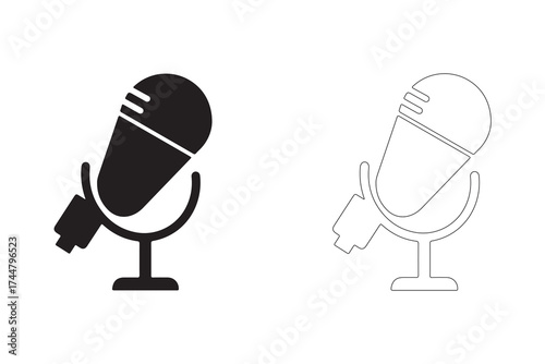 Microphone Illustration Duo in Bold Black and Minimalist Outline for Audio Recording and Communication Design Needs