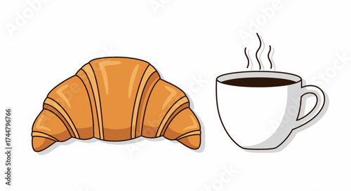 Charming Cartoon Croissant and Coffee Illustration for Breakfast Menus, Bakery Designs, and Cafe Promotions, Ideal for Food Blogs and Culinary-Themed Projects.