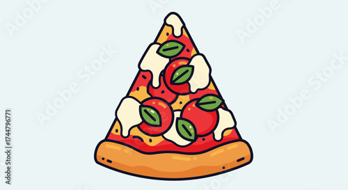 Slice of delicious pizza with tomatoes, cheese, basil, and a crispy crust, perfect for menus, food blogs, or advertising fast food restaurants.